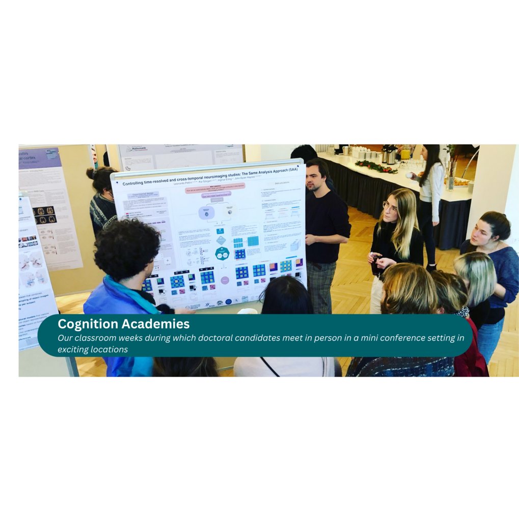 Several students gather around a poster board with scientific content.
