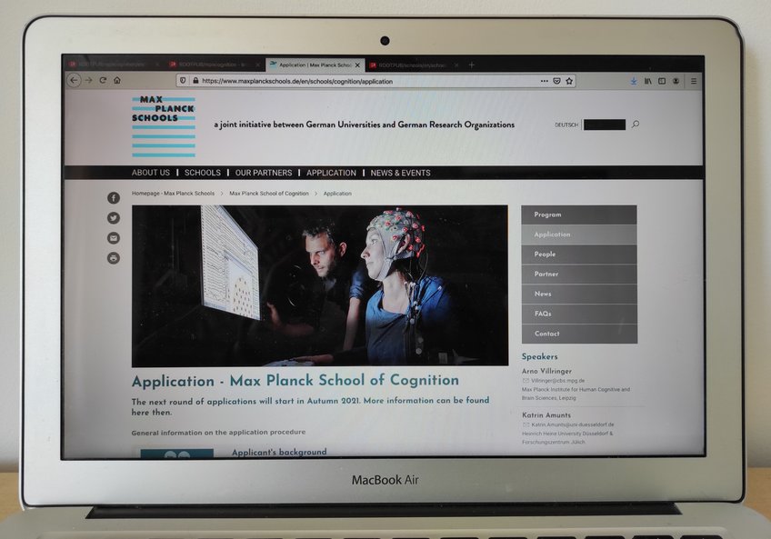 Banner image - Max Planck School of Cognition Laptop screen displaying Max Planck Schools page with application info.