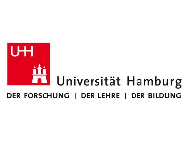 Universität Hamburg Logo mit rotem Hintergrund.