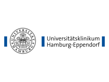 Universitätsklinikum Hamburg-Eppendorf-Logo mit blauen Streifen.