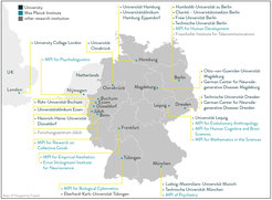 The map illustrates Germany's landscape of higher education and research, pinpointing universities, Max Planck Institutes, and other research centers in cities like Berlin, Munich, and Frankfurt.