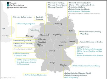 Figure 1. Geographical distribution of the German labs, UK and Netherlands associated to the Max Planck School of Cognition. Figure 1. Geographical distribution of the German labs, UK and Netherlands associated to the Max Planck School of Cognition.