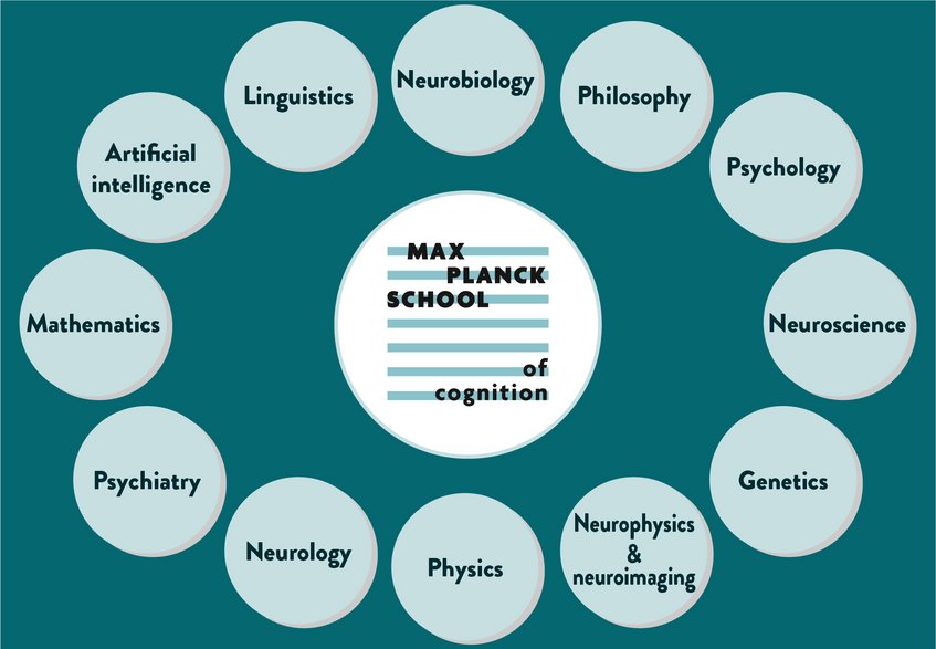 Abbildung 2. Wissenschaftliche Forschungsbereiche unserer Fellows Max-Planck-Schule für Kognition, umrahmt von Disziplinen wie Neurowissenschaften, Psychologie, Philosophie, Neurobiologie und künstlicher Intelligenz.