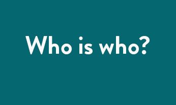Who is who? written in white on teal background.