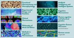 Verschiedene Bereiche der Neuro- und Kognitionswissenschaften mit zugehörigen grafischen Elementen, darunter funktionale Neuroanatomie, experimentelles Design, klinische Neurowissenschaften, Philosophie des Geistes, Methoden in der Kognitionsforschung, künstliche Intelligenz, kognitive Neurowissenschaften, Verhaltensgenetik und weitere Kurse wie Deutsch.